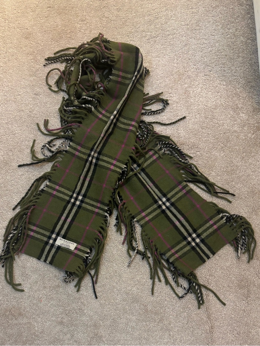 Burberry Green Plaid Cashmere Double “happy” Fringe Scarf EUC 51.5” Long 7” Wide